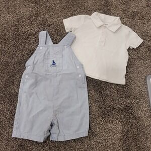 Carters Baby Boy 12m Blue White Stripe Overalls White Polo Shirt Nautical Set